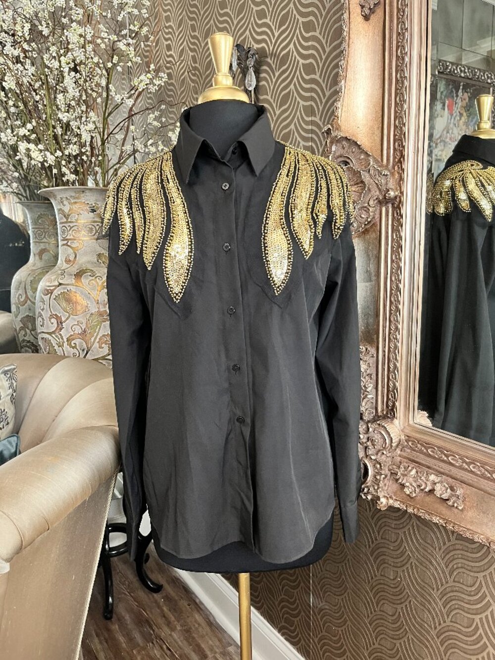 black button-down decorated gold sequin wing trim shirt